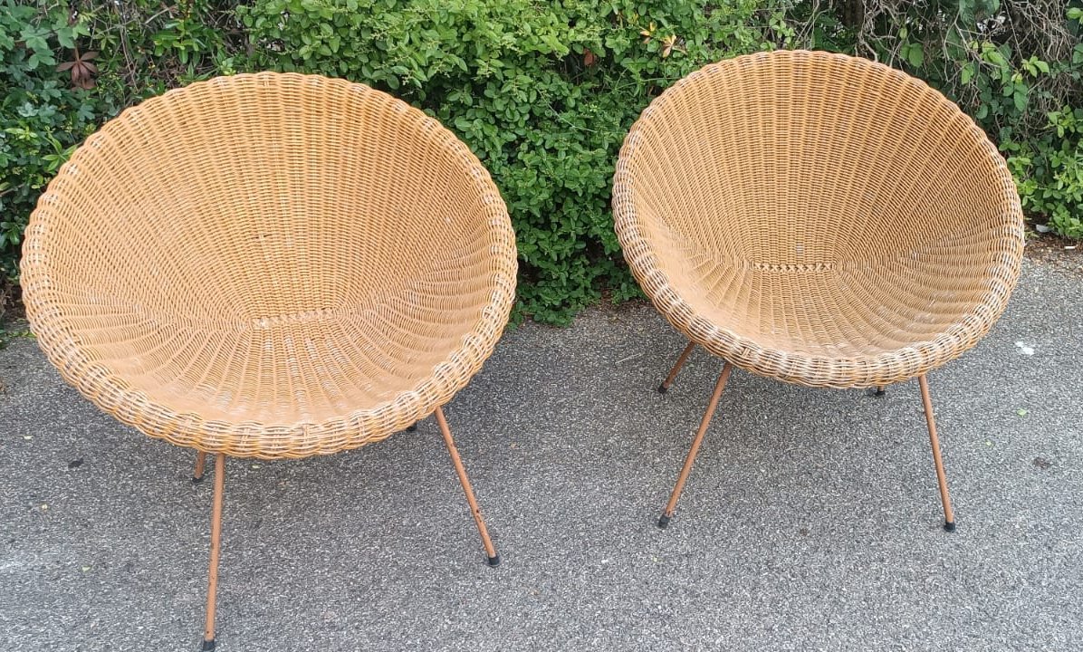 RARE  ENSEMBLE DE TROIS FAUTEUILS EN OSIER DESIGN ITALIEN DU MILIEU SIÈCLE-photo-1