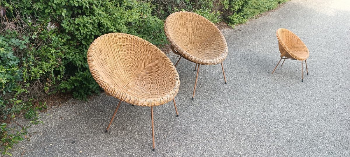 RARE  ENSEMBLE DE TROIS FAUTEUILS EN OSIER DESIGN ITALIEN DU MILIEU SIÈCLE-photo-5