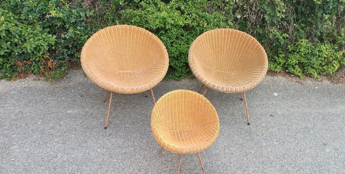 RARE  ENSEMBLE DE TROIS FAUTEUILS EN OSIER DESIGN ITALIEN DU MILIEU SIÈCLE-photo-7