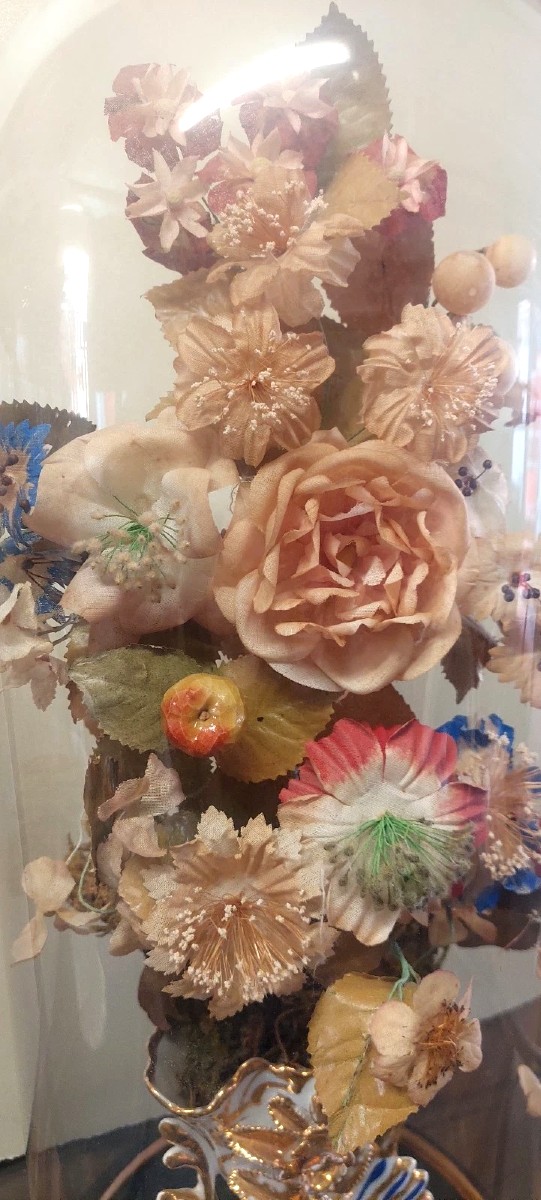 Antique Blown-glass Bell, Ceramic Vase, And Fabric Flowers, 19th Century-photo-1