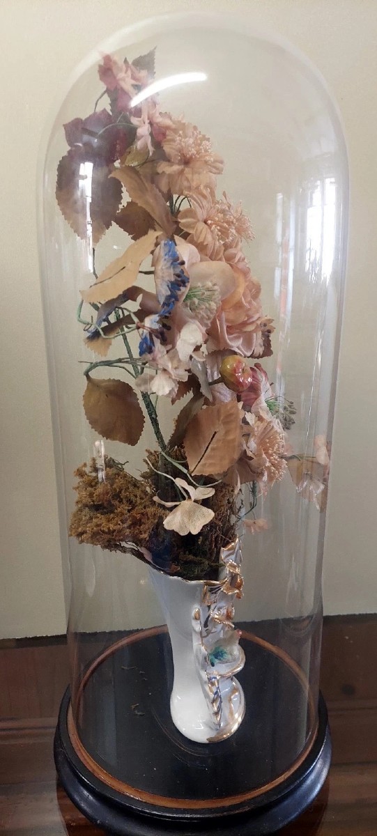 Antique Blown-glass Bell, Ceramic Vase, And Fabric Flowers, 19th Century-photo-2