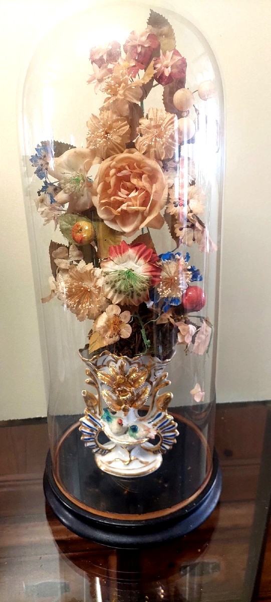 Antique Blown-glass Bell, Ceramic Vase, And Fabric Flowers, 19th Century-photo-5