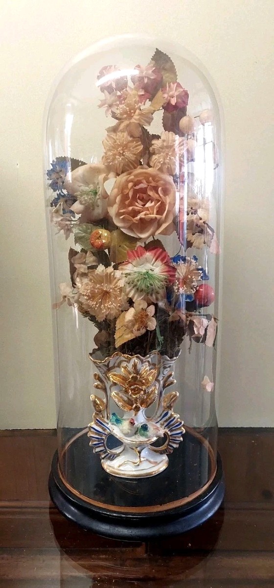Antique Blown-glass Bell, Ceramic Vase, And Fabric Flowers, 19th Century
