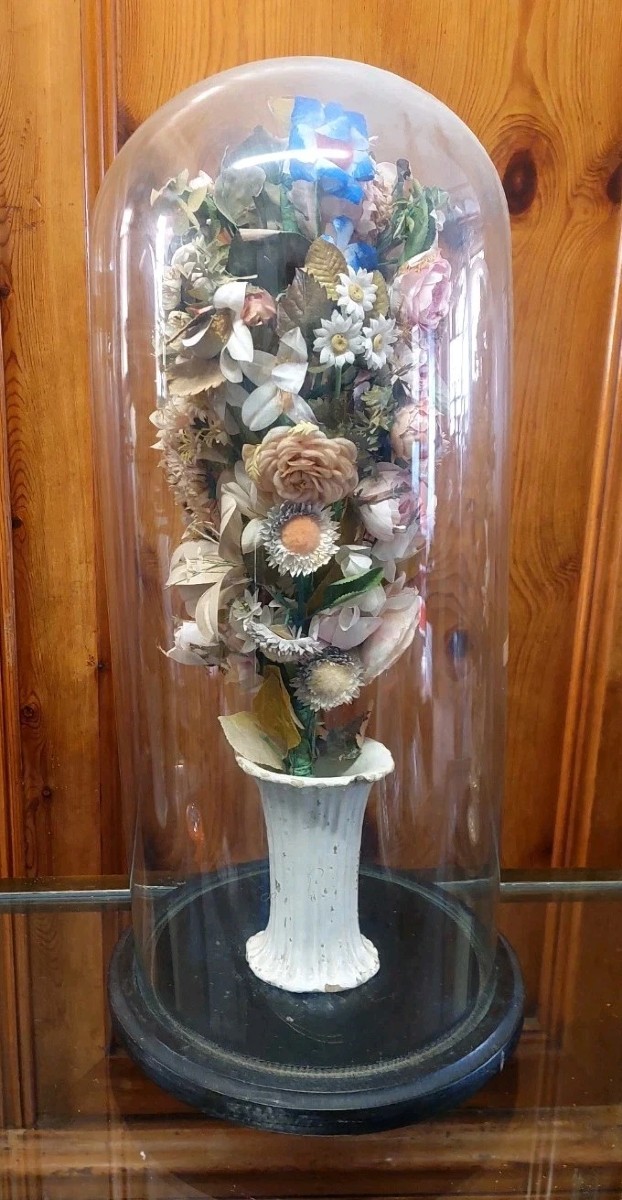 Antique Blown-glass Bell, Ceramic Vase, And Fabric Flowers, 19th Century-photo-2