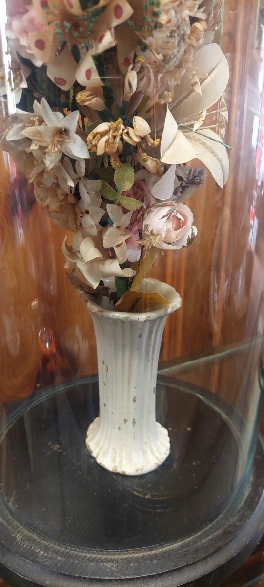 Antique Blown-glass Bell, Ceramic Vase, And Fabric Flowers, 19th Century-photo-2