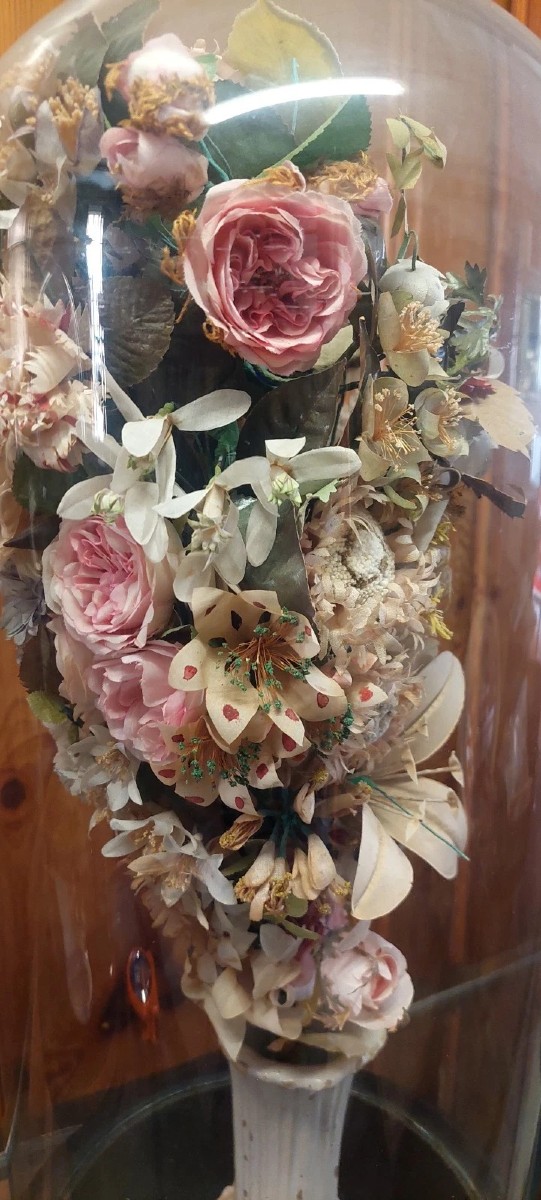 Antique Blown-glass Bell, Ceramic Vase, And Fabric Flowers, 19th Century-photo-4