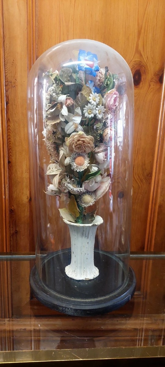 Antique Blown-glass Bell, Ceramic Vase, And Fabric Flowers, 19th Century