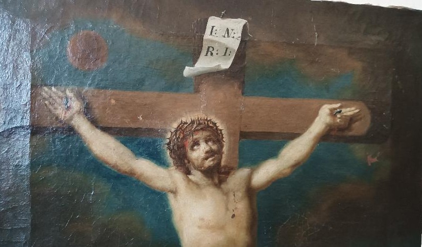Huile sur toile ancienne « Crucifixion », école italienne, XVIIIe siècle-photo-1