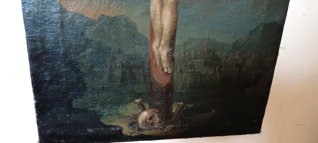 Huile sur toile ancienne « Crucifixion », école italienne, XVIIIe siècle-photo-3