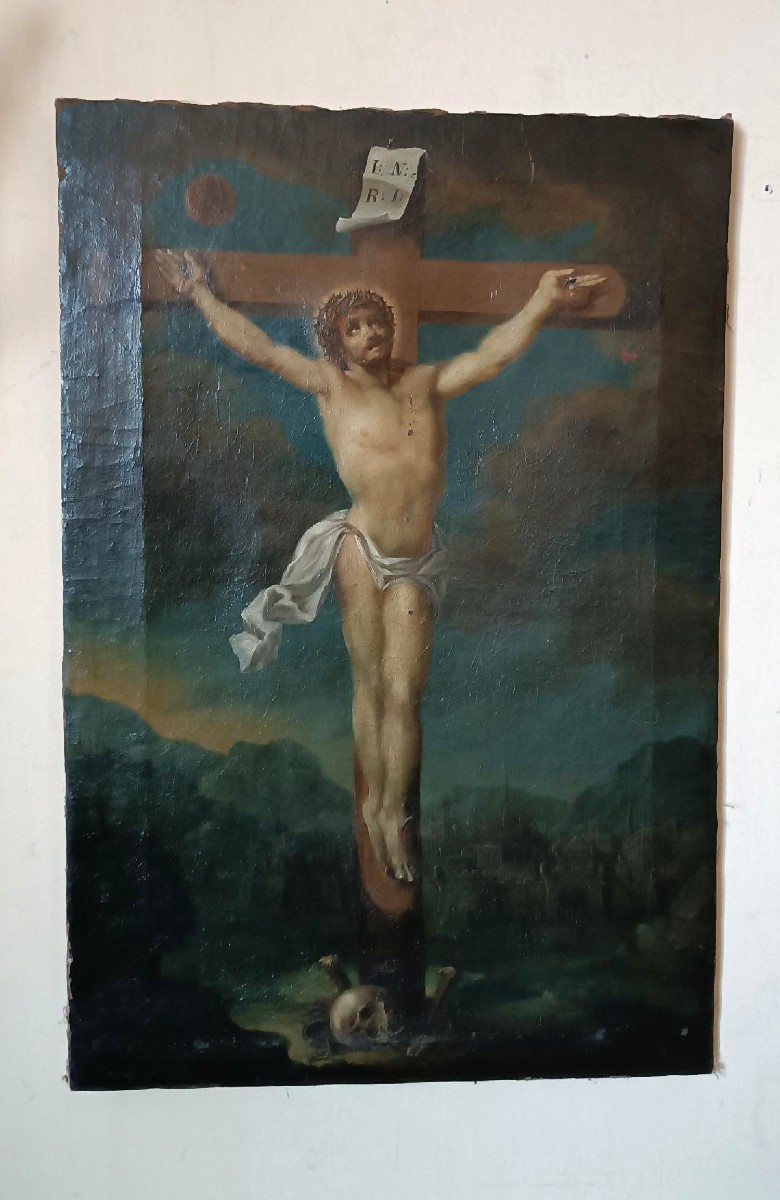 Huile sur toile ancienne « Crucifixion », école italienne, XVIIIe siècle