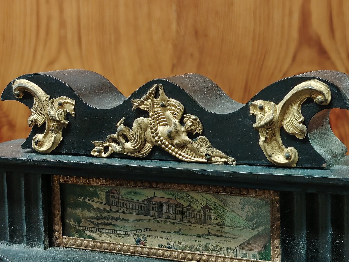 Pendule de parvis Biedermeier en bois ébénisé et doré, à colonnes d'albâtre,XIX SIECLE-photo-3