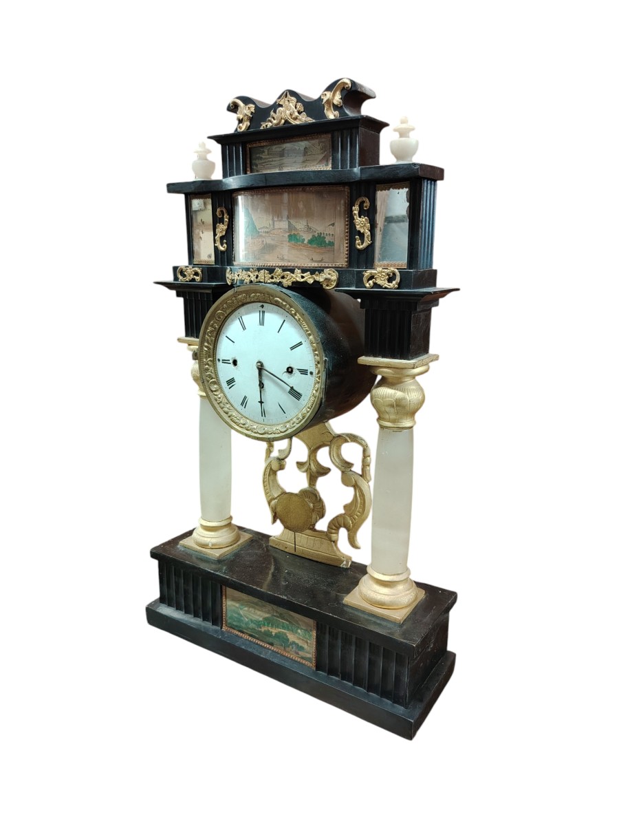 Pendule de parvis Biedermeier en bois ébénisé et doré, à colonnes d'albâtre,XIX SIECLE-photo-2