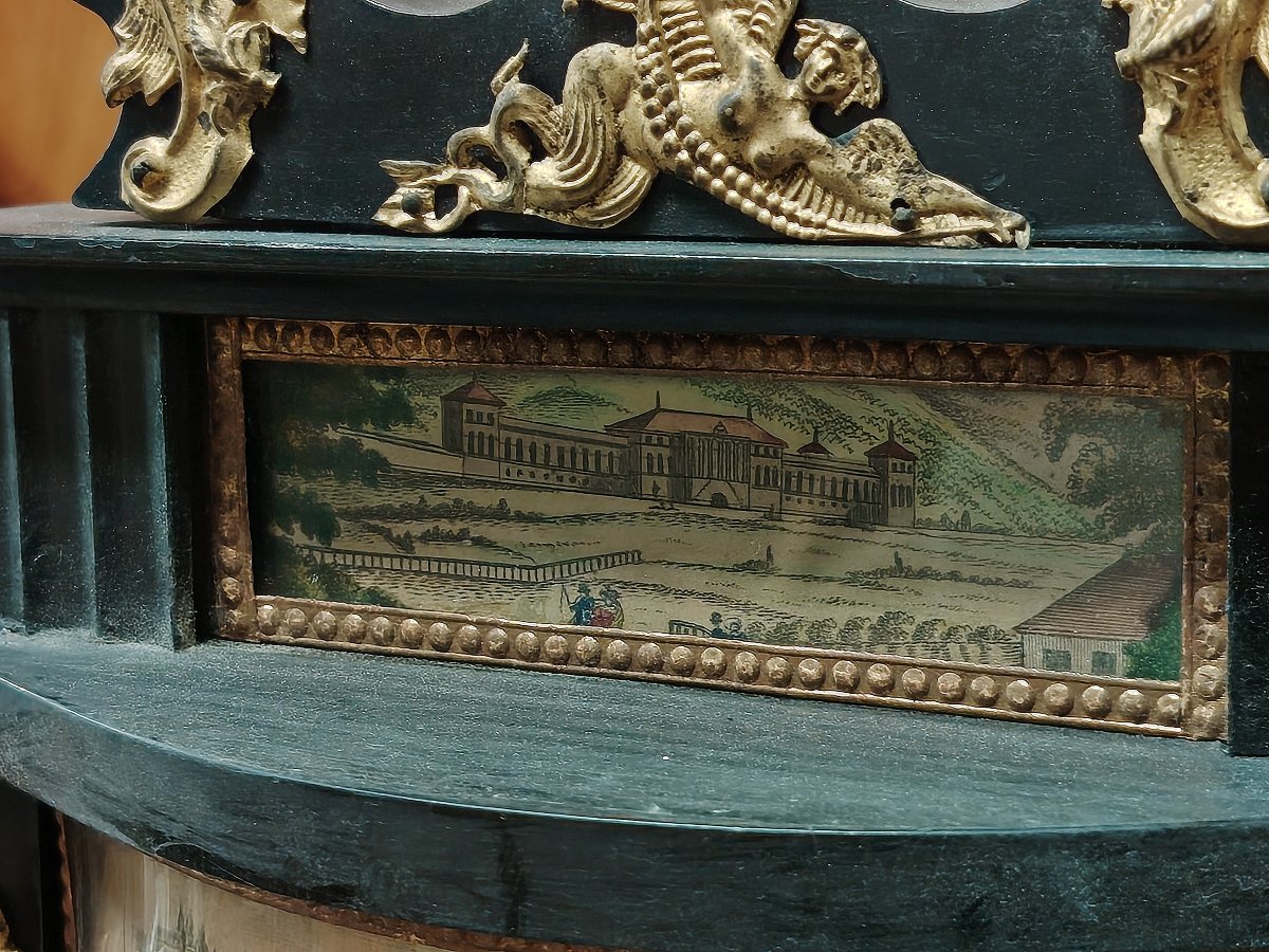 Pendule de parvis Biedermeier en bois ébénisé et doré, à colonnes d'albâtre,XIX SIECLE-photo-2