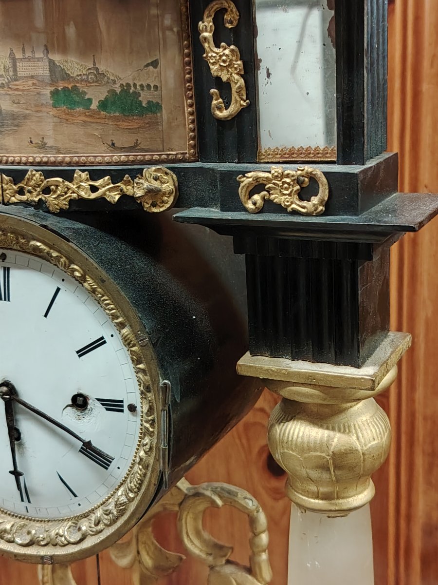 Pendule de parvis Biedermeier en bois ébénisé et doré, à colonnes d'albâtre,XIX SIECLE-photo-7