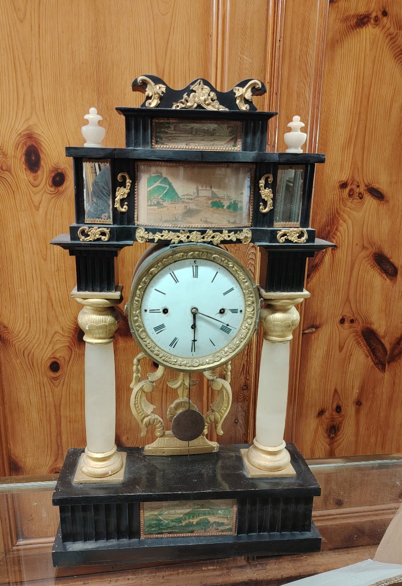Pendule de parvis Biedermeier en bois ébénisé et doré, à colonnes d'albâtre,XIX SIECLE-photo-8