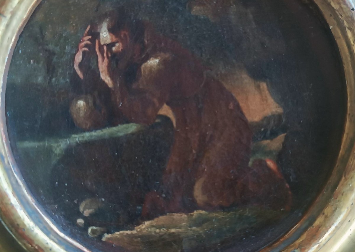 Peinture ancienne sur toile, esquisse, représentant saint François d'Assise --photo-4