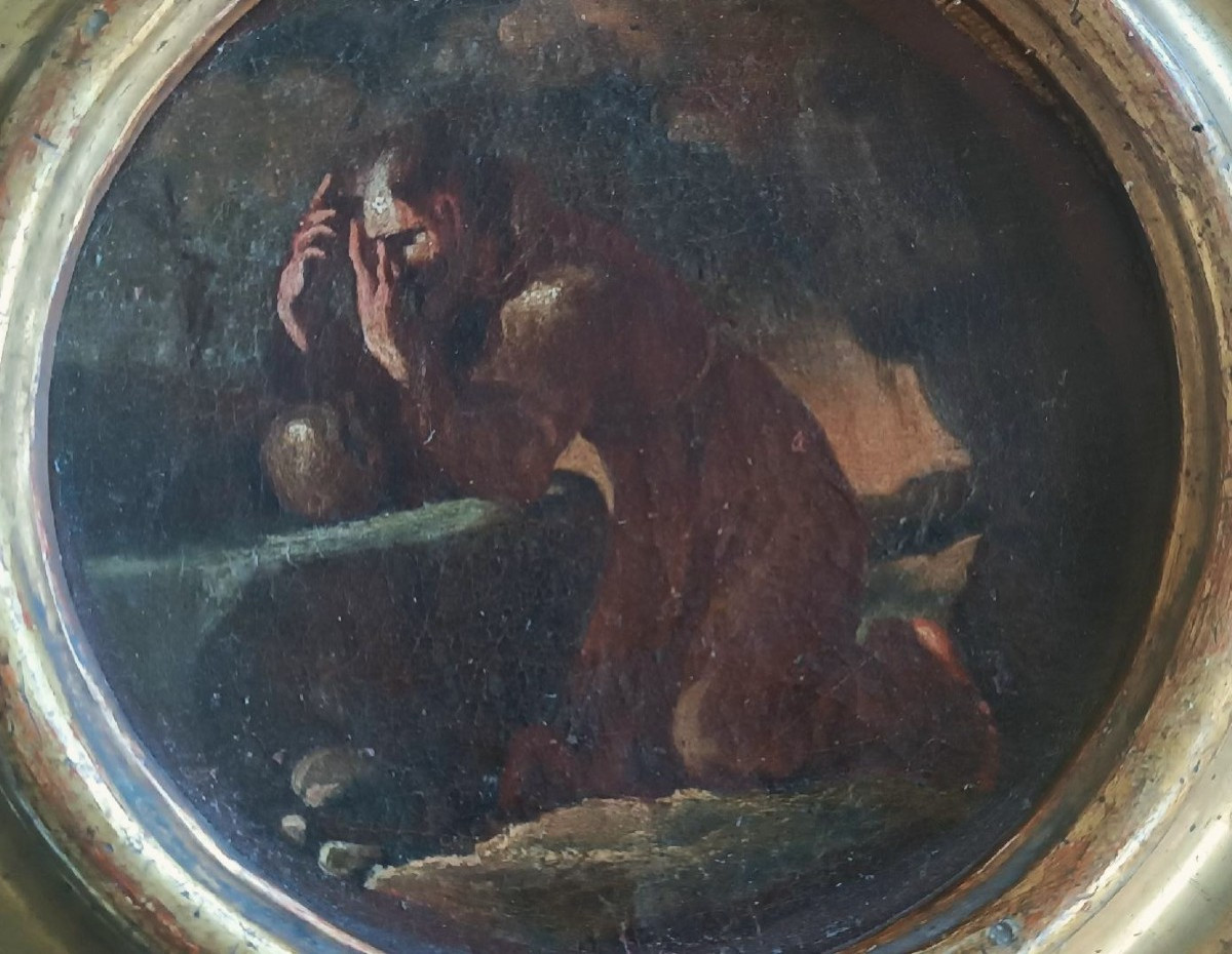 Peinture ancienne sur toile, esquisse, représentant saint François d'Assise --photo-1