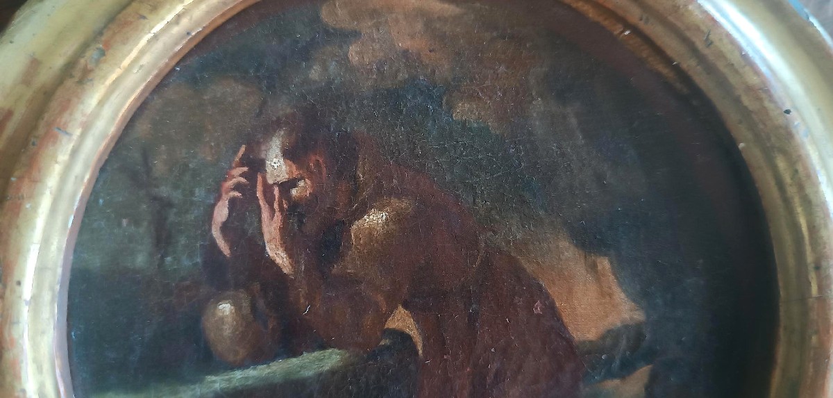 Peinture ancienne sur toile, esquisse, représentant saint François d'Assise --photo-4