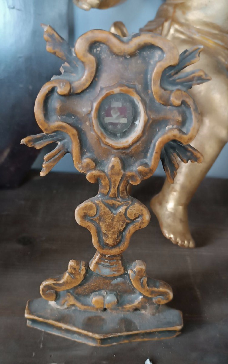 Petit Reliquaire En Bois Laqué Avec Relique Du XVIIIe Siècle-photo-2