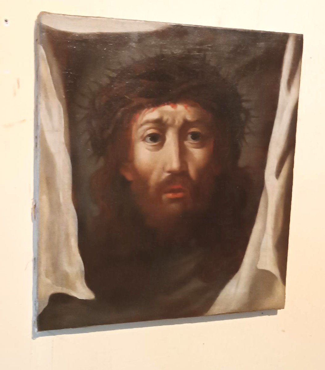 Tableau ancien - Huile sur toile - Christ au voile de Véronique - XVIIIe siècle-photo-2
