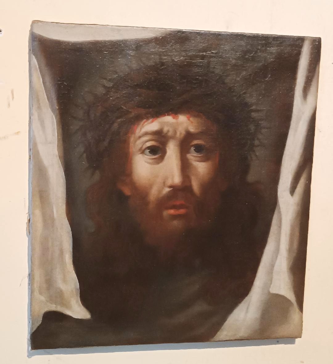 Tableau ancien - Huile sur toile - Christ au voile de Véronique - XVIIIe siècle-photo-3