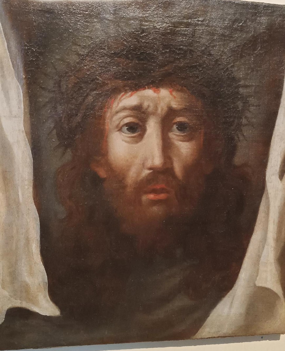 Tableau ancien - Huile sur toile - Christ au voile de Véronique - XVIIIe siècle-photo-2