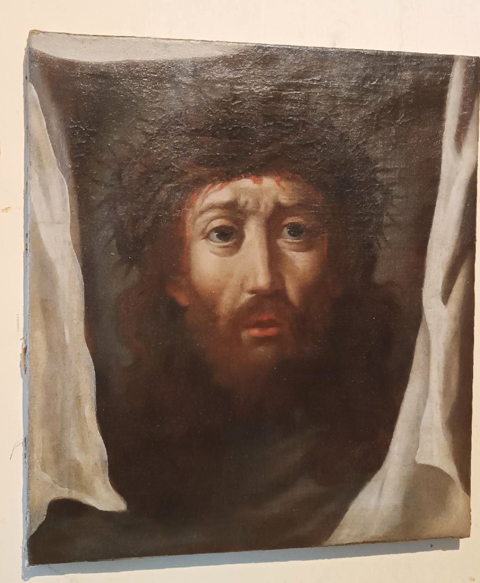 Tableau ancien - Huile sur toile - Christ au voile de Véronique - XVIIIe siècle-photo-4