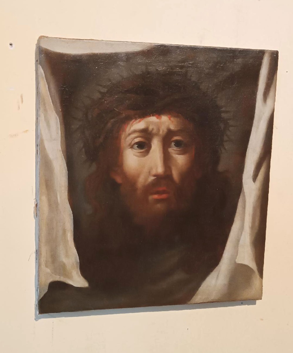 Tableau ancien - Huile sur toile - Christ au voile de Véronique - XVIIIe siècle