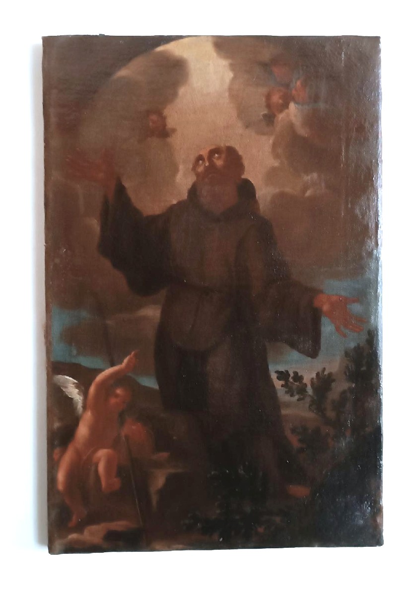 Antique Oil Painting On Canvas, Baroque Period, Depicting Saint Francis Of Paola