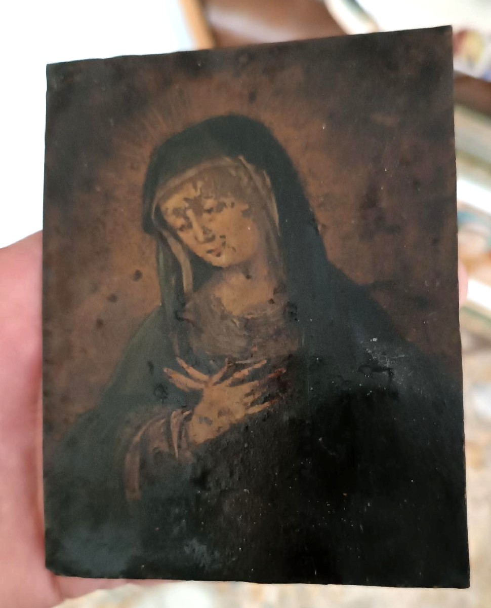 An Antique Painting On Copper Depicting The Virgin Mary, 17th–18th Century-photo-2