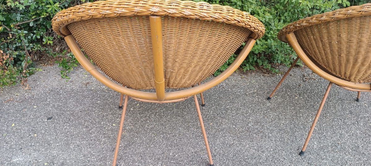 RARE  ENSEMBLE DE TROIS FAUTEUILS EN OSIER DESIGN-photo-1