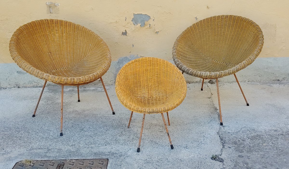 RARE  ENSEMBLE DE TROIS FAUTEUILS EN OSIER DESIGN-photo-7