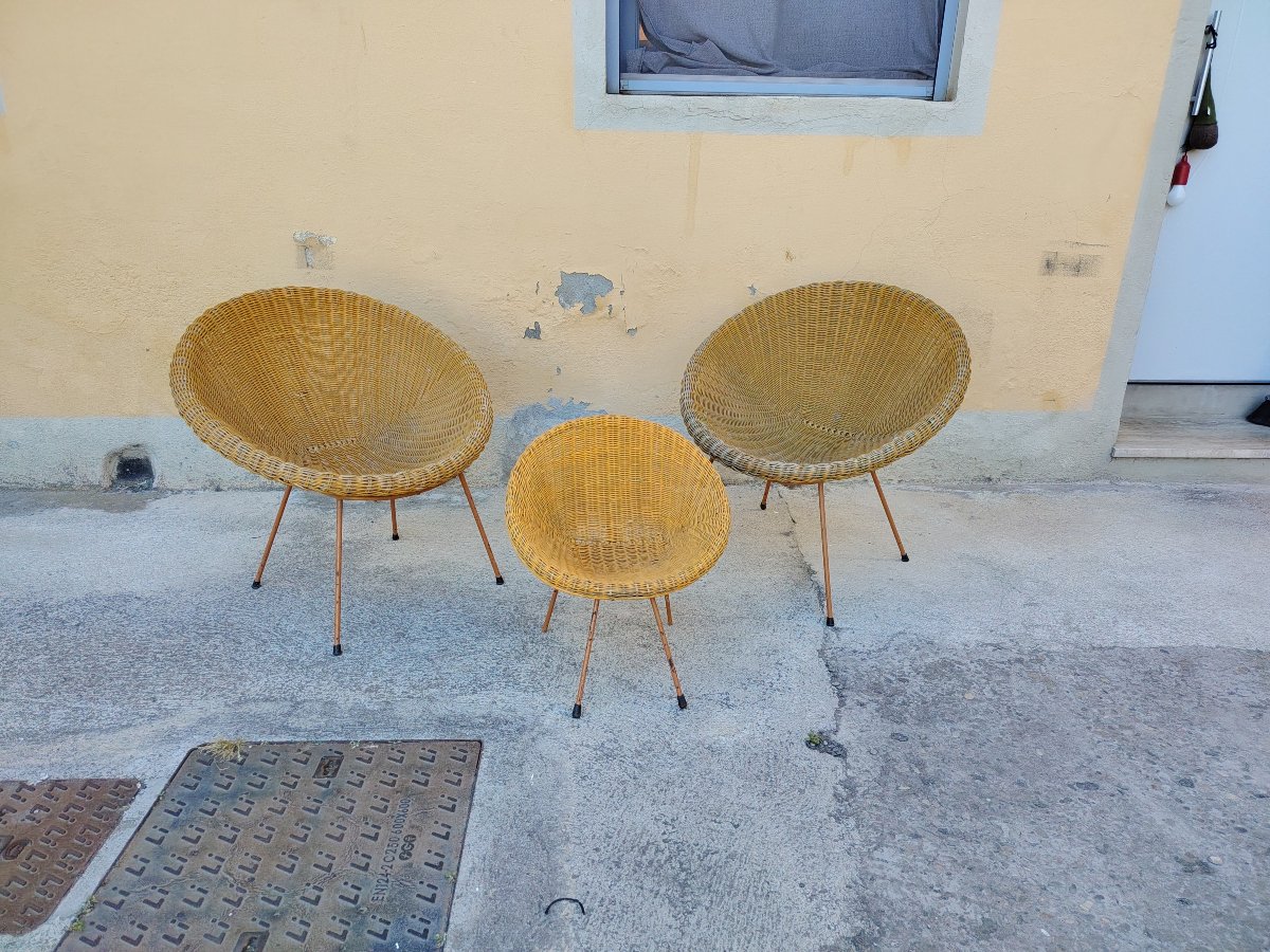 RARE  ENSEMBLE DE TROIS FAUTEUILS EN OSIER DESIGN-photo-8