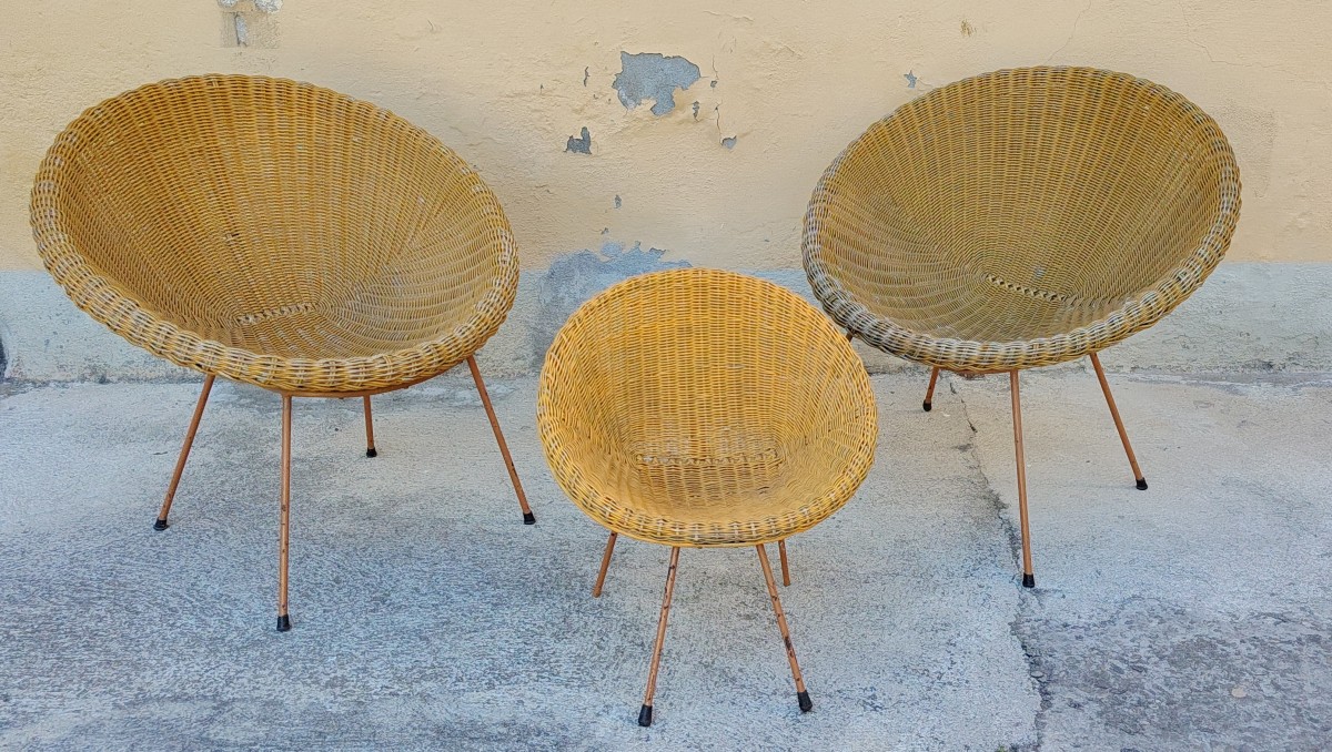 RARE  ENSEMBLE DE TROIS FAUTEUILS EN OSIER DESIGN