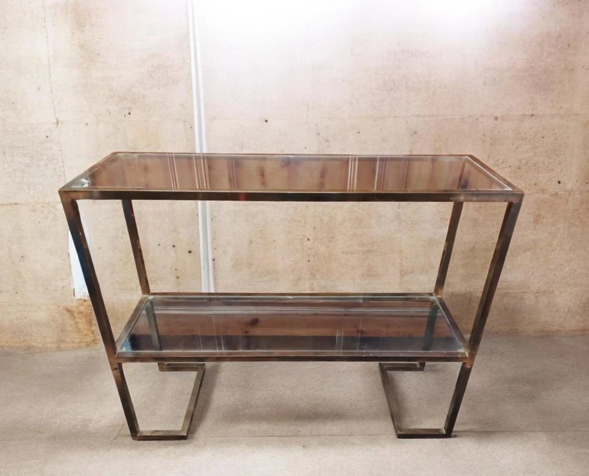 Console années 70, design minimaliste, laiton bruni et verre, style Mid-Century-photo-2