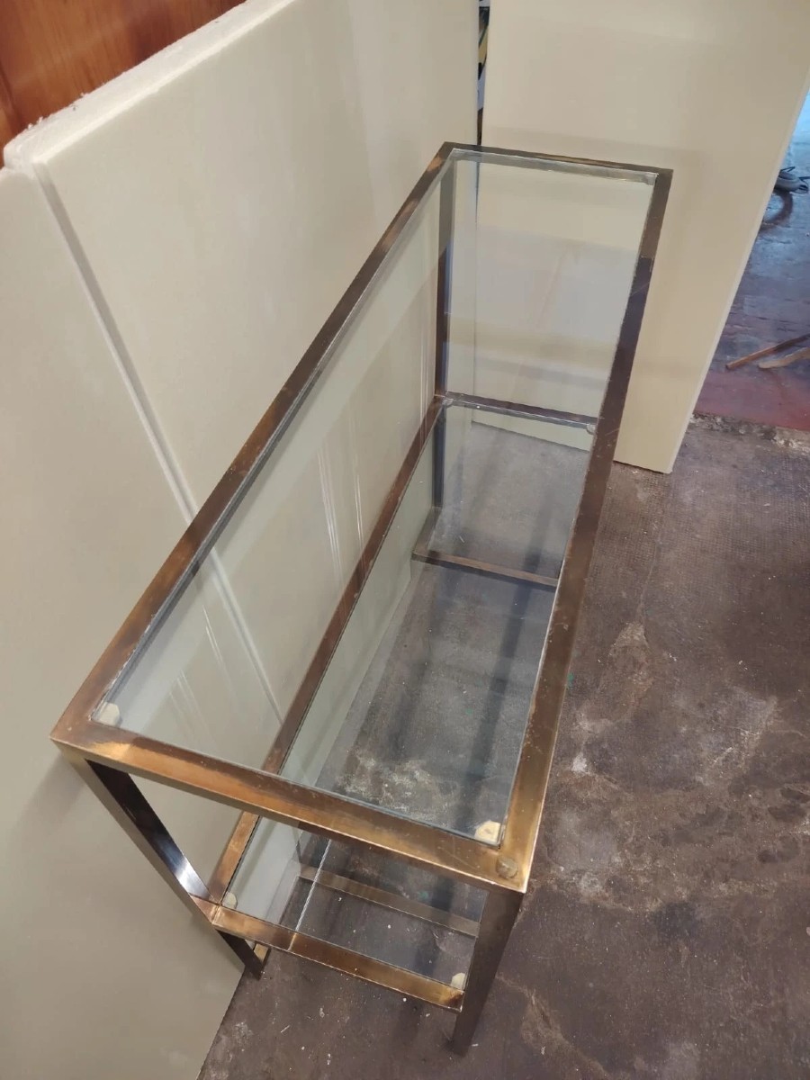 Console années 70, design minimaliste, laiton bruni et verre, style Mid-Century-photo-3