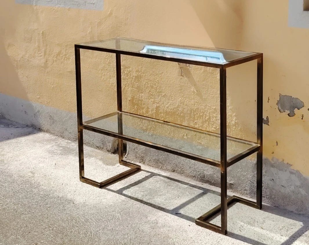 Console années 70, design minimaliste, laiton bruni et verre, style Mid-Century-photo-4