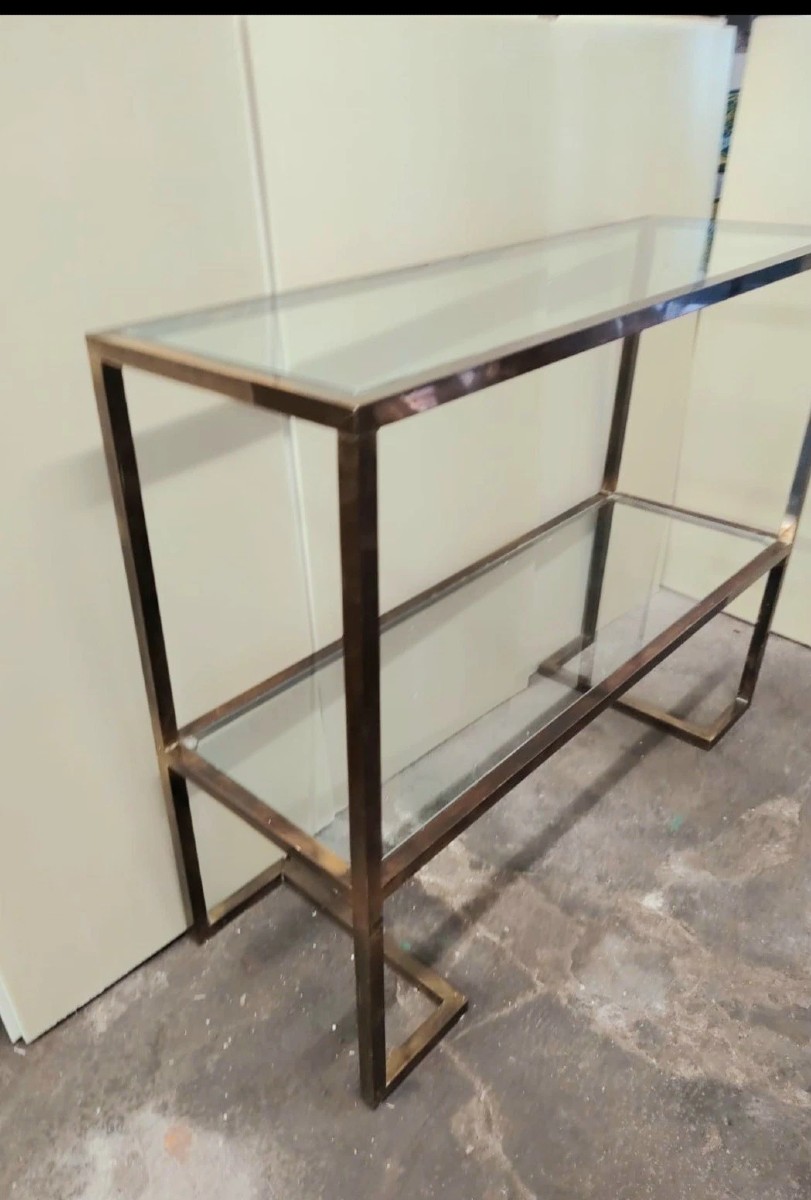 Console années 70, design minimaliste, laiton bruni et verre, style Mid-Century-photo-1