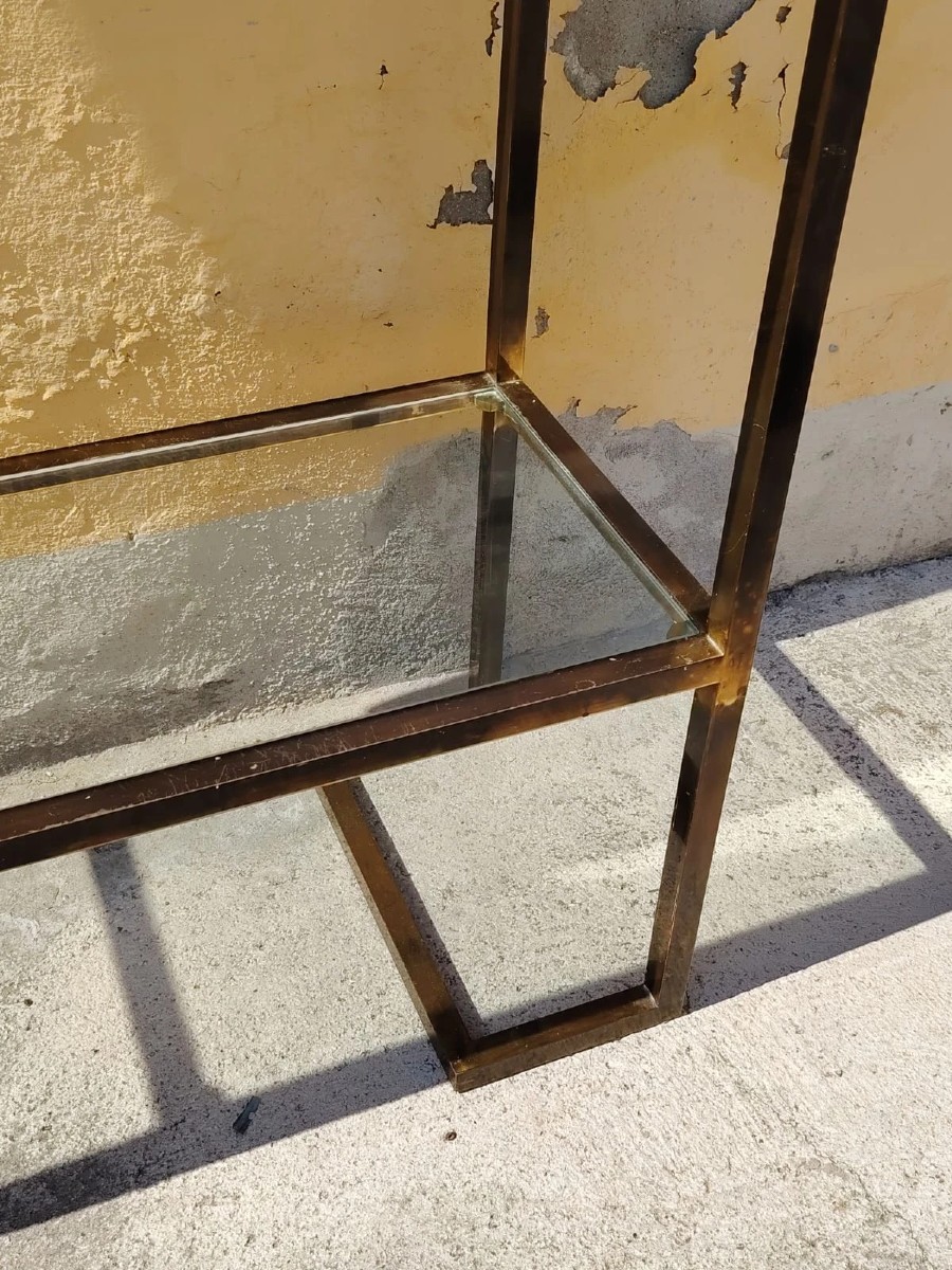 Console années 70, design minimaliste, laiton bruni et verre, style Mid-Century-photo-3