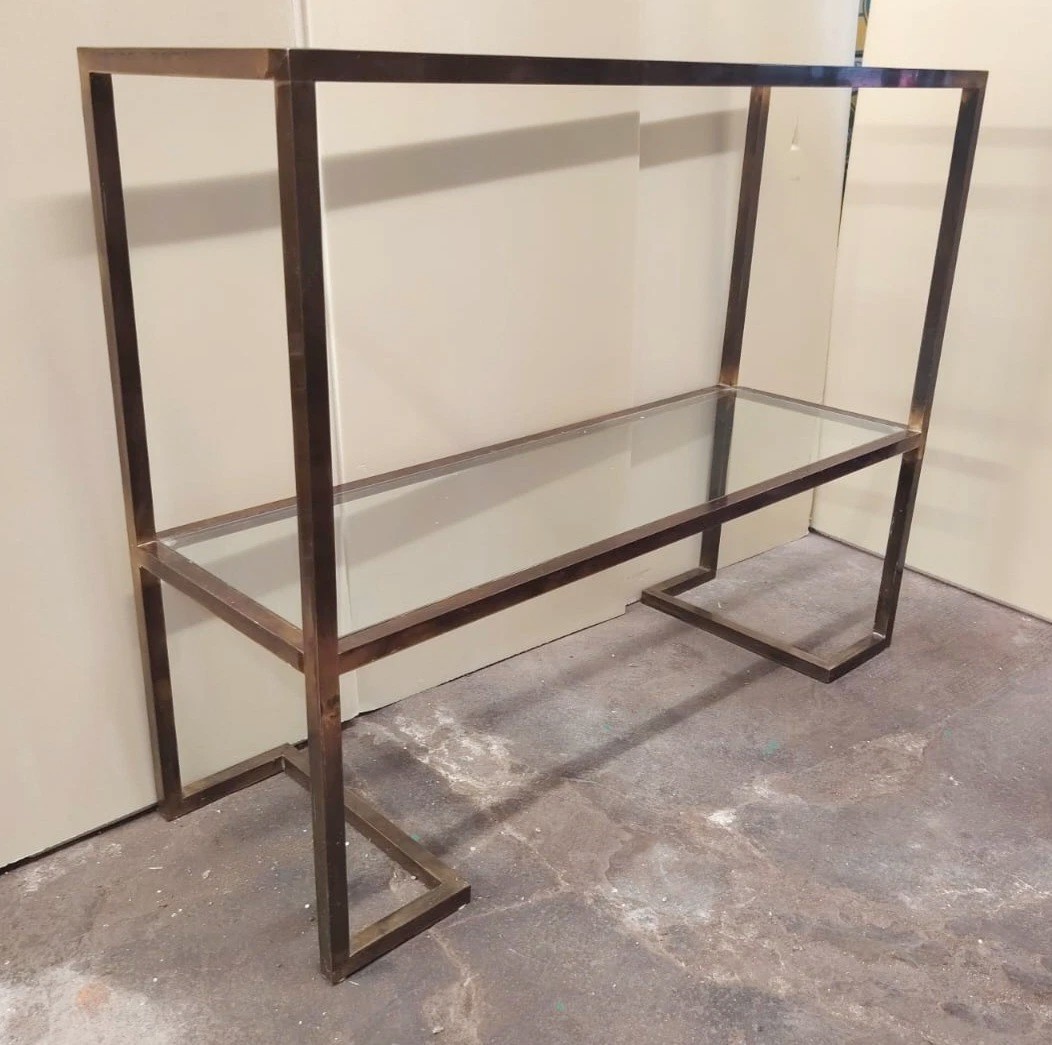 Console années 70, design minimaliste, laiton bruni et verre, style Mid-Century-photo-5