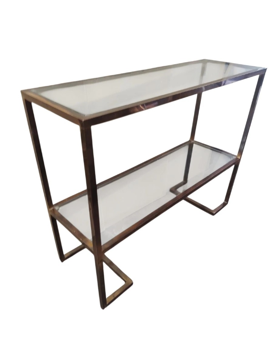 Console années 70, design minimaliste, laiton bruni et verre, style Mid-Century
