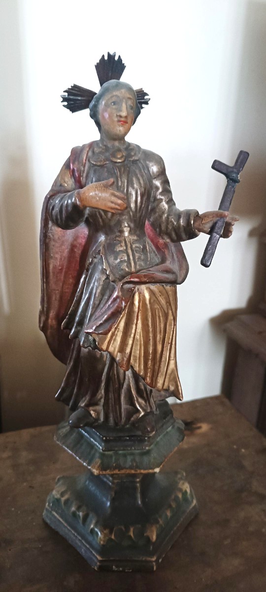 Sculpture antique représentant un saint, en bois polychrome et doré – époque baroque-photo-4