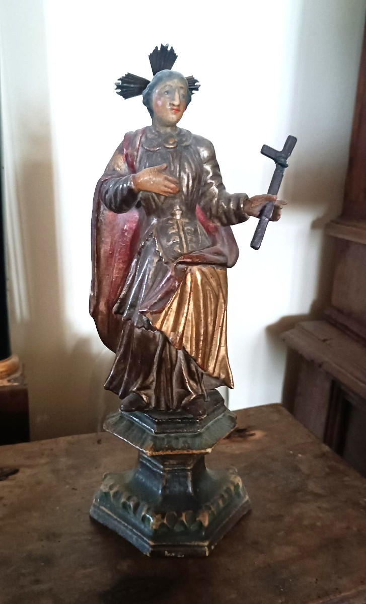 Sculpture antique représentant un saint, en bois polychrome et doré – époque baroque-photo-7