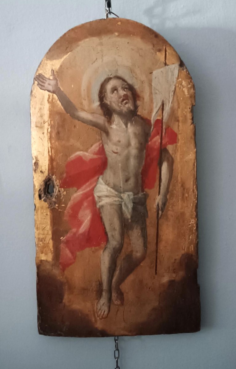 Antique Panel With Gold Background, The Risen Christ, Tabernacle Door Or Ciborium.-photo-2