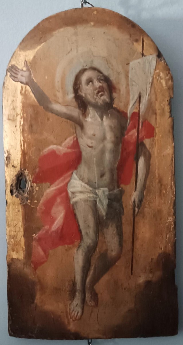 Antique Panel With Gold Background, The Risen Christ, Tabernacle Door Or Ciborium.-photo-3