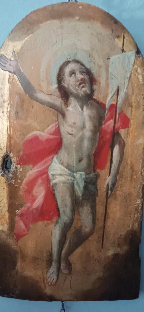 Antique Panel With Gold Background, The Risen Christ, Tabernacle Door Or Ciborium.-photo-1