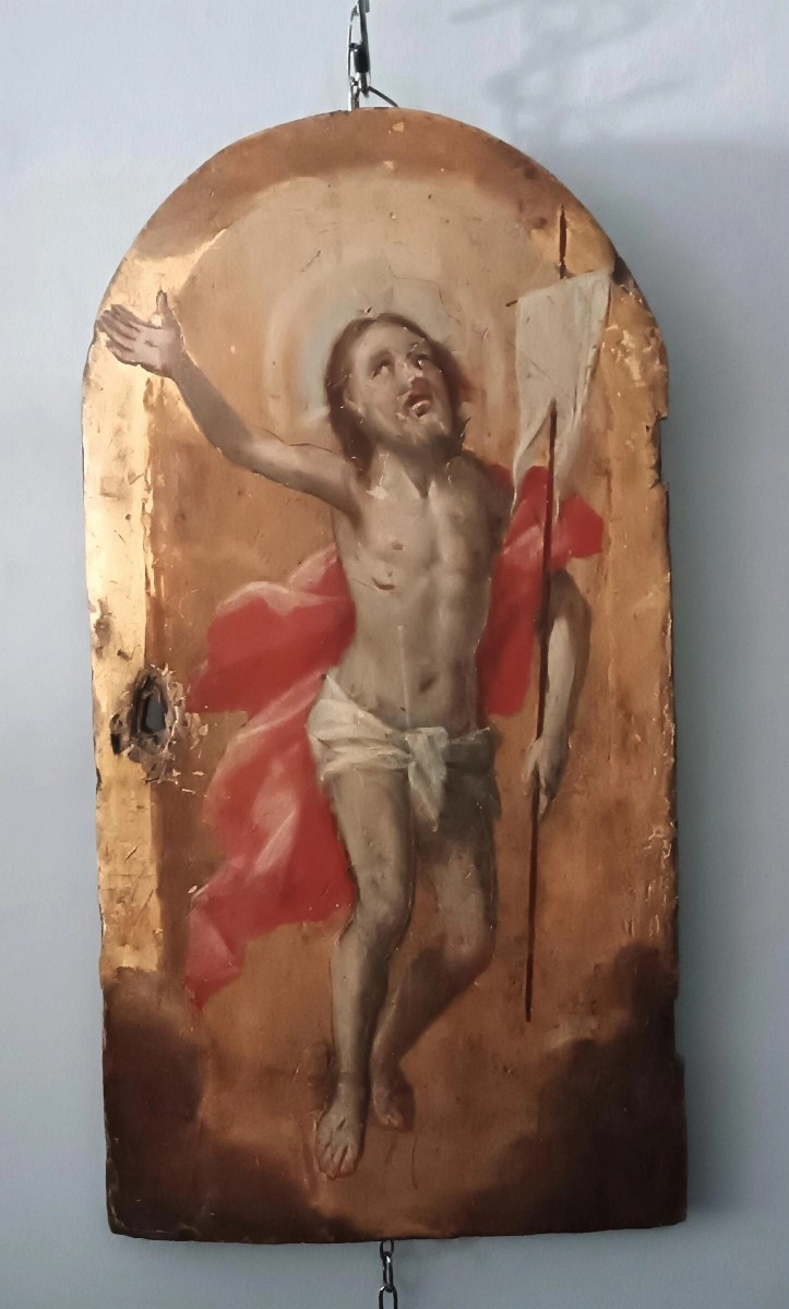 Antique Panel With Gold Background, The Risen Christ, Tabernacle Door Or Ciborium.