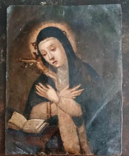 Antique Painting On Copper, Double Painting, Saint Catherine Of Siena-photo-2