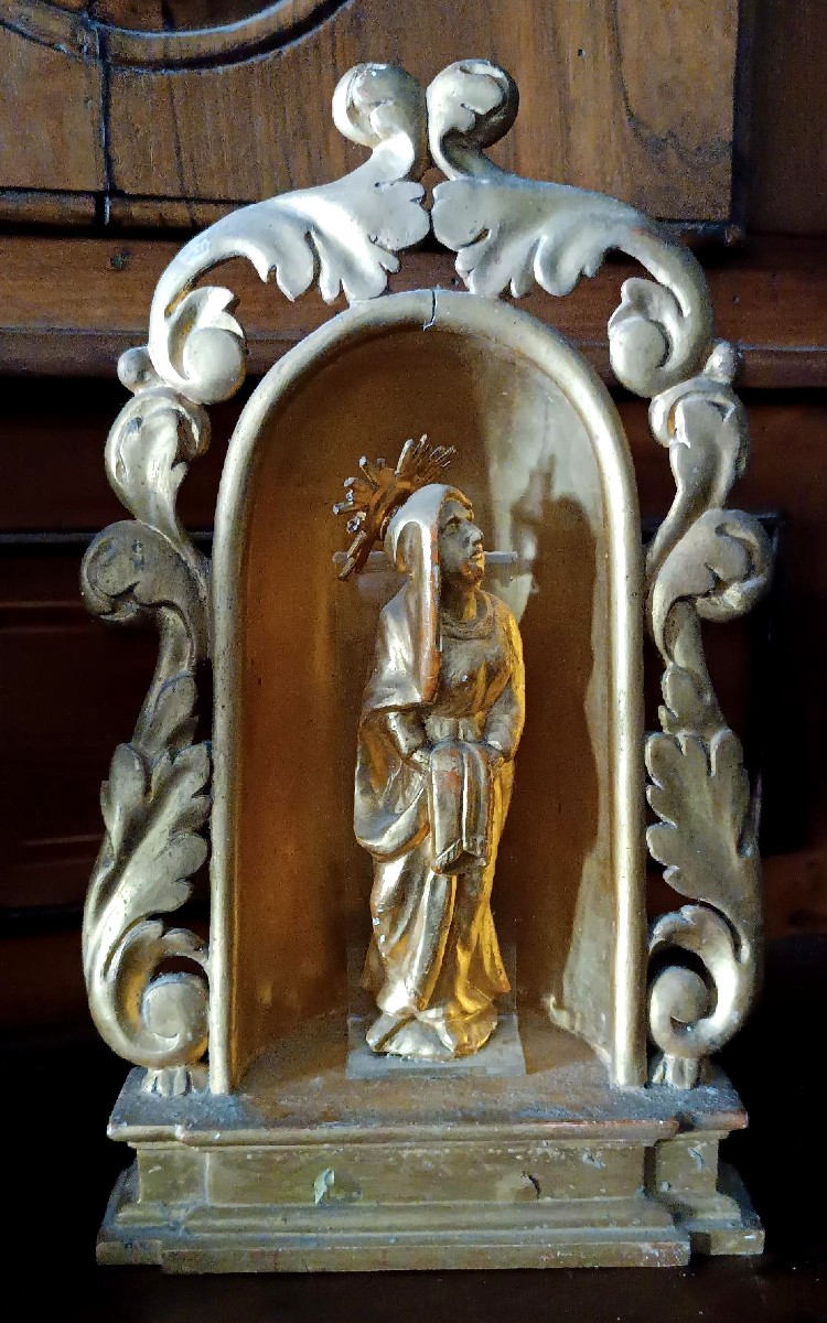 Ancien petit autel orné d'une sculpture de la Vierge en bois doré – époque baroque-photo-3