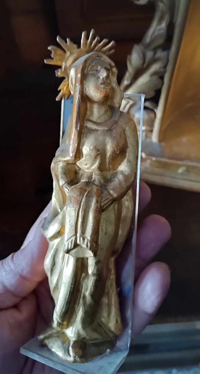 Ancien petit autel orné d'une sculpture de la Vierge en bois doré – époque baroque-photo-4